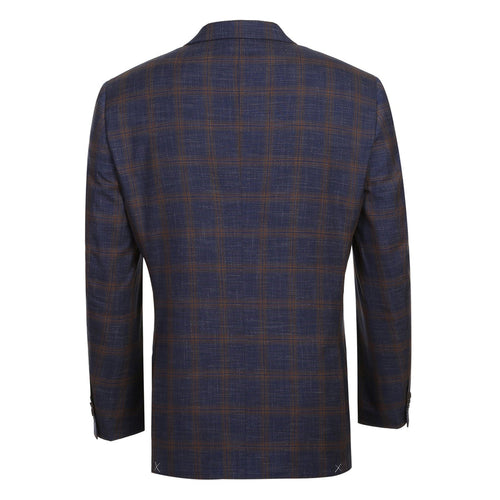 "Men's Slim Fit Navy Blue & Gold Windowpane Plaid Sport Coat Blazer"