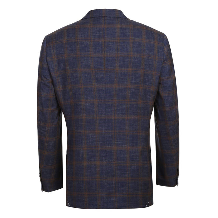 "Men's Slim Fit Navy Blue & Gold Windowpane Plaid Sport Coat Blazer"