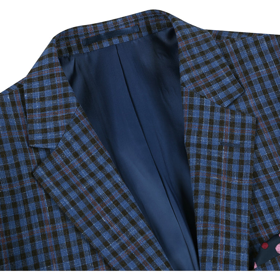 Slim Fit Wool Sport Coat Blazer for Men - Navy Blue & Burgundy Mini Check - 34 Short