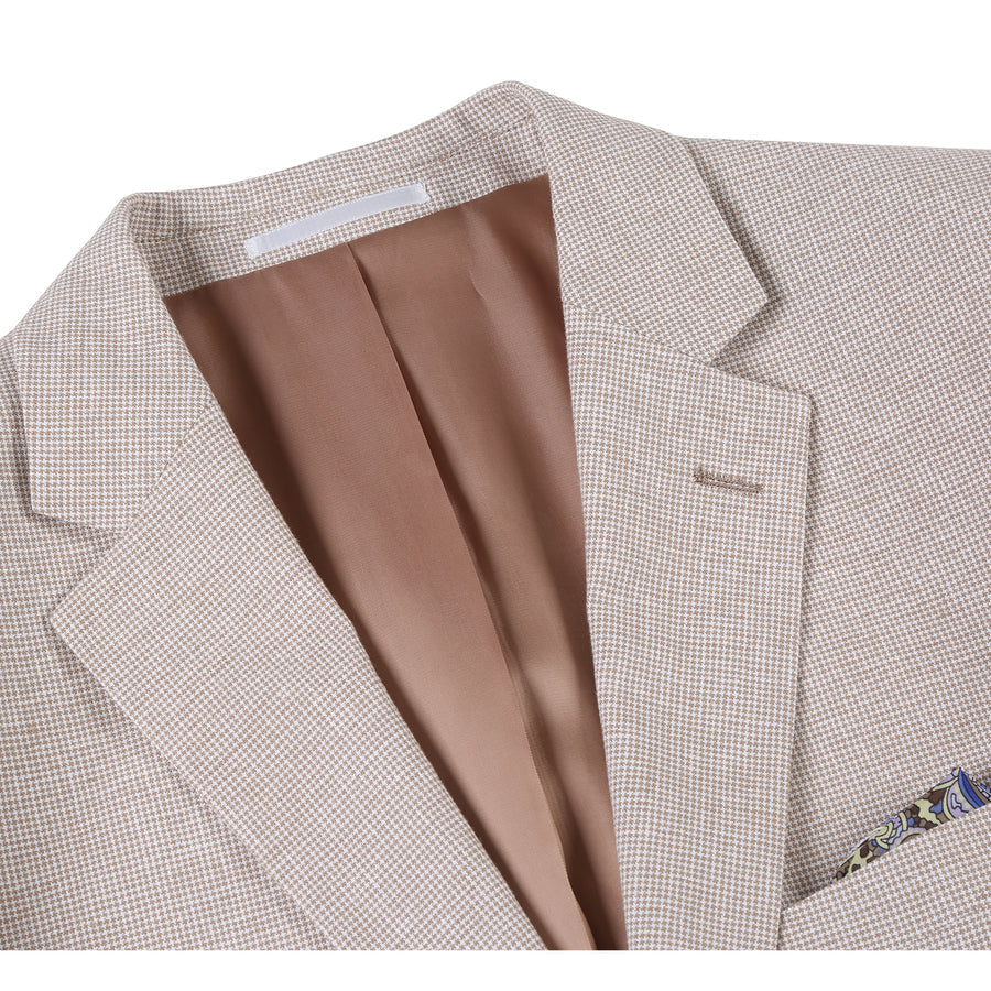 "Houndstooth Men's Classic Summer Blazer - Tan Linen & Cotton Two-Button Sport Coat"