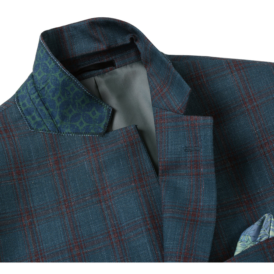 "Classic Fit Men's Wool & Linen Sport Coat Blazer - Teal Blue Windowpane Plaid"