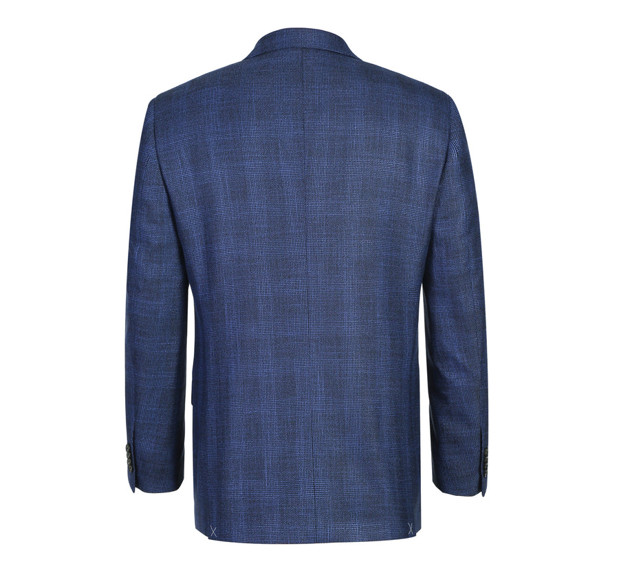 "Classic Fit Men's Blazer - Navy Blue Windowpane Plaid, Two Button Sport Coat"