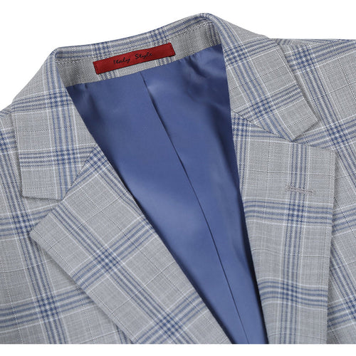 "Men's Slim Fit Two Button Suit - Light Grey & Blue Windowpane Plaid"