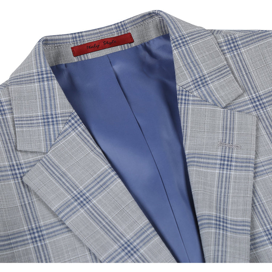 "Men's Slim Fit Two Button Suit - Light Grey & Blue Windowpane Plaid"