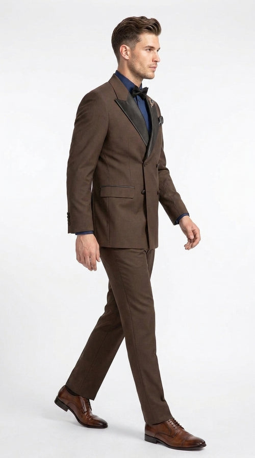 Men’s Brown Double Breasted Tuxedo – Satin Peak Lapel Formal Wedding & Prom Suit
