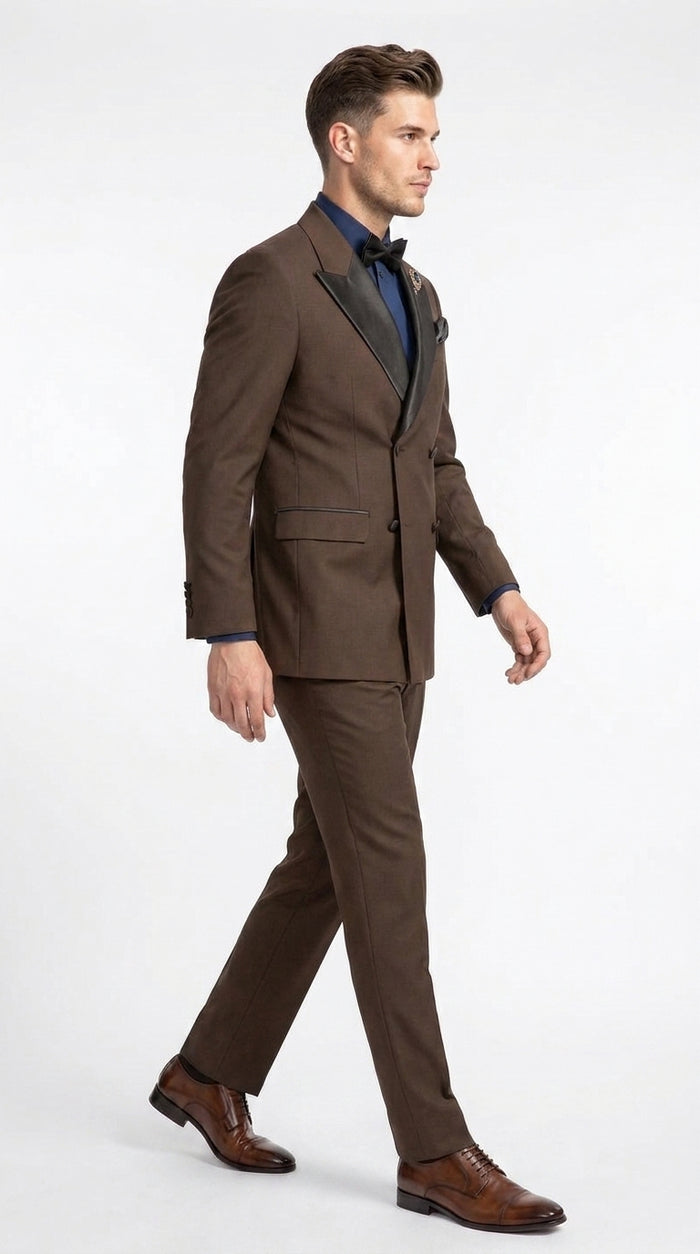 Men’s Brown Double Breasted Tuxedo – Satin Peak Lapel Formal Wedding & Prom Suit