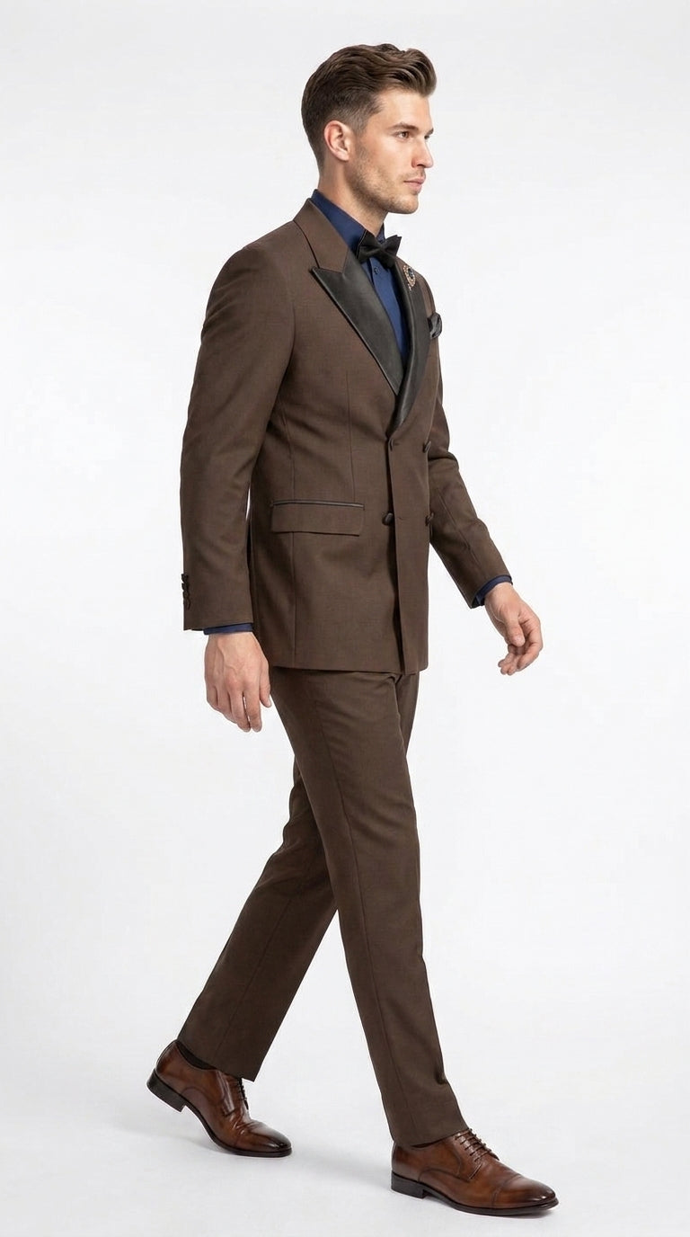 Men’s Brown Double Breasted Tuxedo – Satin Peak Lapel Formal Wedding & Prom Suit