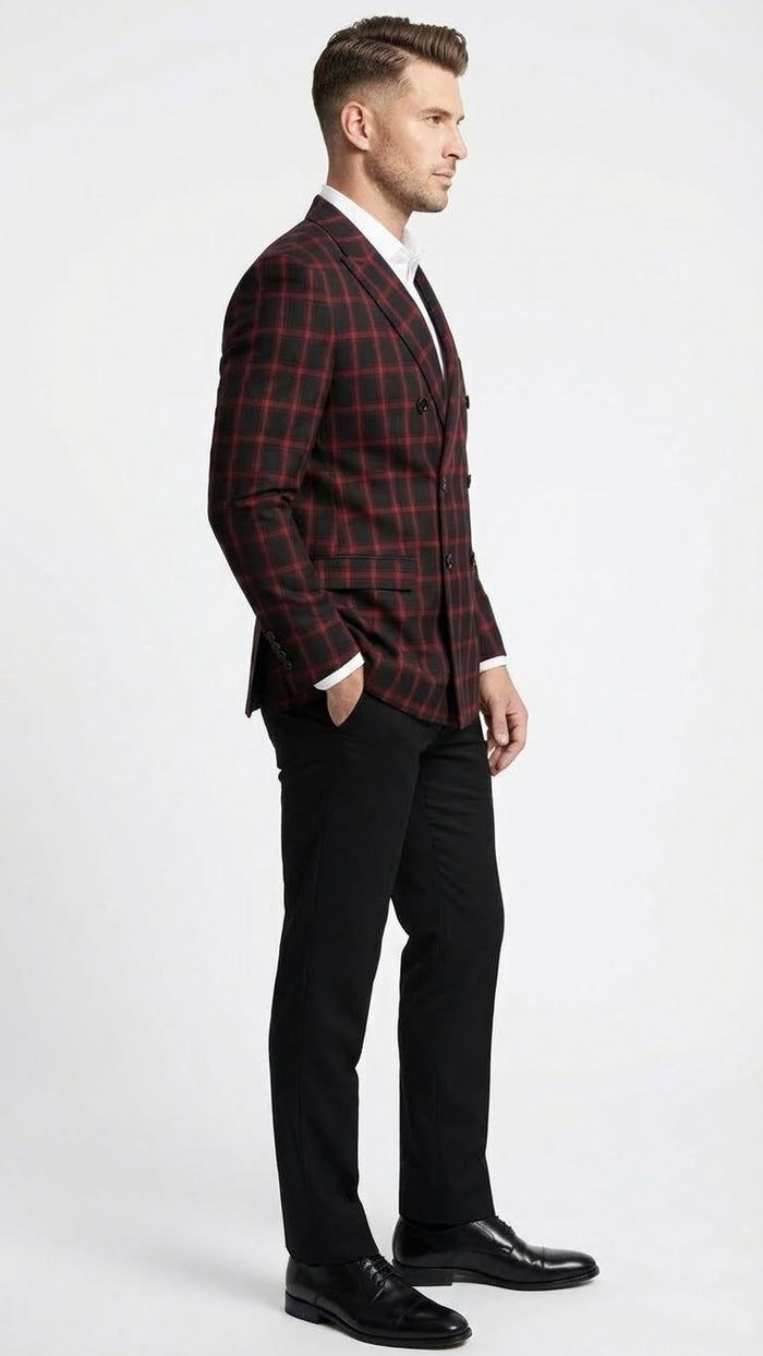Mens Black and Red Check Double Breasted Blazer Sport Coat Jacket Windowpane Sportcoat Slim Fit