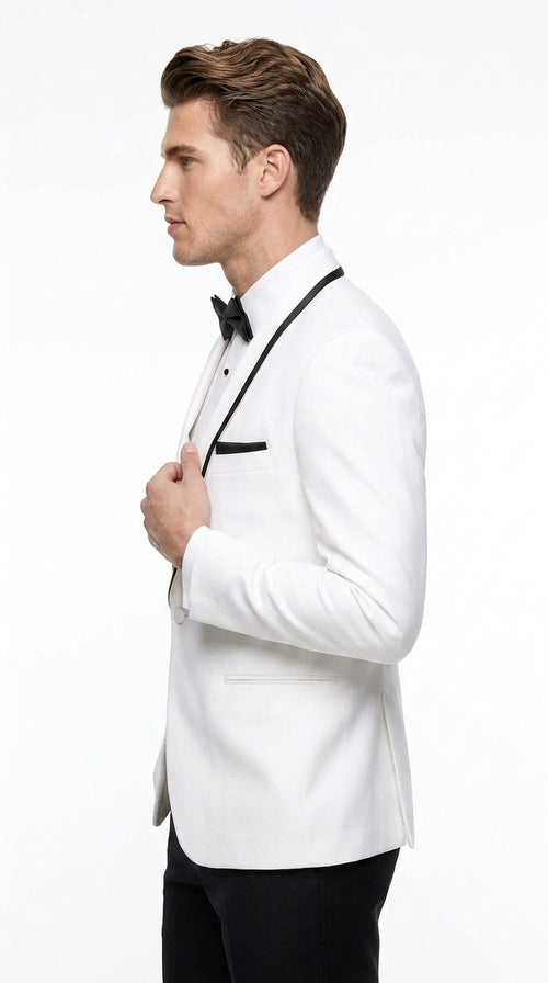 Men’s White Tuxedo Jacket – Black Trim Shawl Lapel Formal Dinner Blazer for Weddings, Prom Wedding Blazer Modern fit