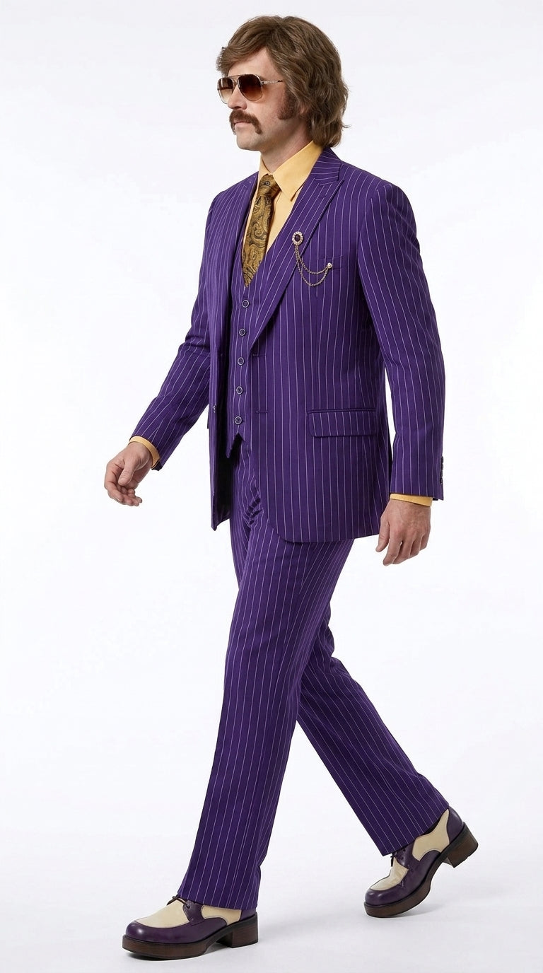 Men’s Purple Pinstripe 3-Piece Suit – 1970s Disco, Pimp, Retro Rockabilly and Party Suit - 34 Short or Extra Small