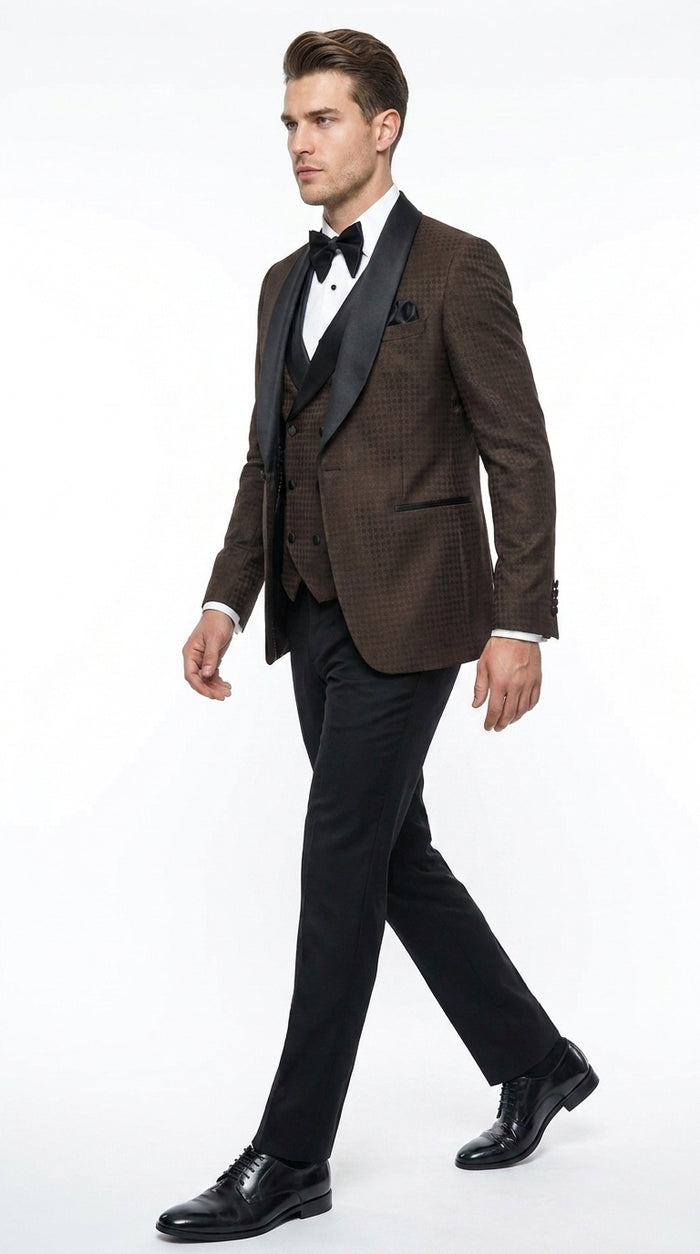 Men’s Chocolate Brown Tuxedo Suit – 3 Piece Shawl Lapel Wedding, Prom and Formal Dinner Tuxedo