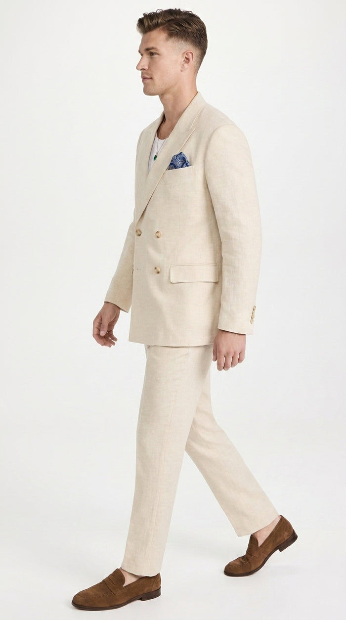 Men’s Light Beige Linen Double-Breasted Suit – Summer Wedding, Beach and Formal 2-Piece Suit