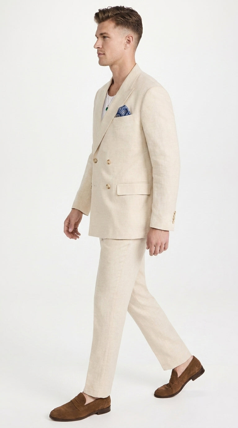 Men’s Light Beige Linen Double-Breasted Suit – Summer Wedding, Beach and Formal 2-Piece Suit