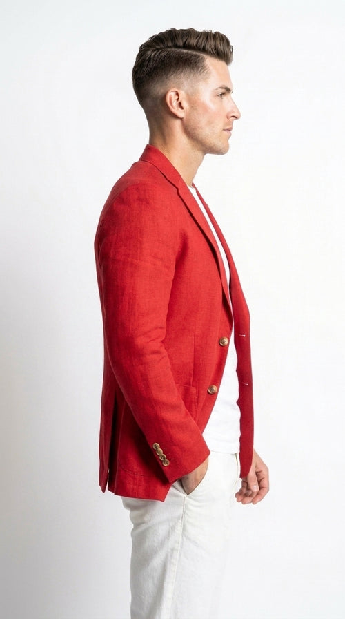 Men’s Red Linen Blazer – Two-Button Wedding, Business and Smart Casual Sport Coat