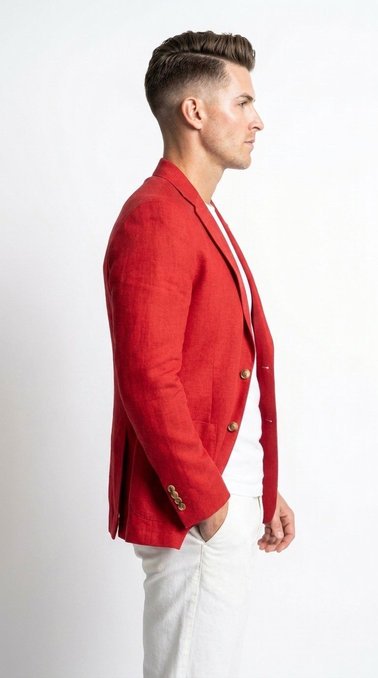 Men’s Red Linen Blazer – Two-Button Wedding, Business and Smart Casual Sport Coat - 36 Short