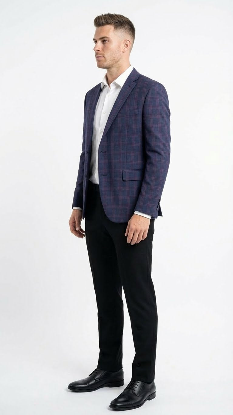 Men’s Big and Tall Navy Blue with Burgundy Plaid Jacket and Sport Coat – Wool Blazer - 36 Short
