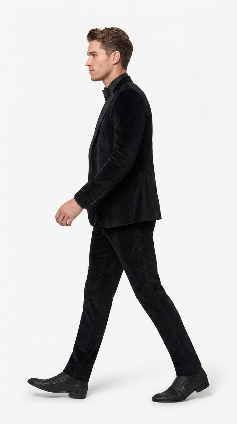 Men’s Black Velvet Tuxedo Suit – Peak Lapel Wedding, Prom and Formal Evening Velvet Pants - 34 Short or Extra Small