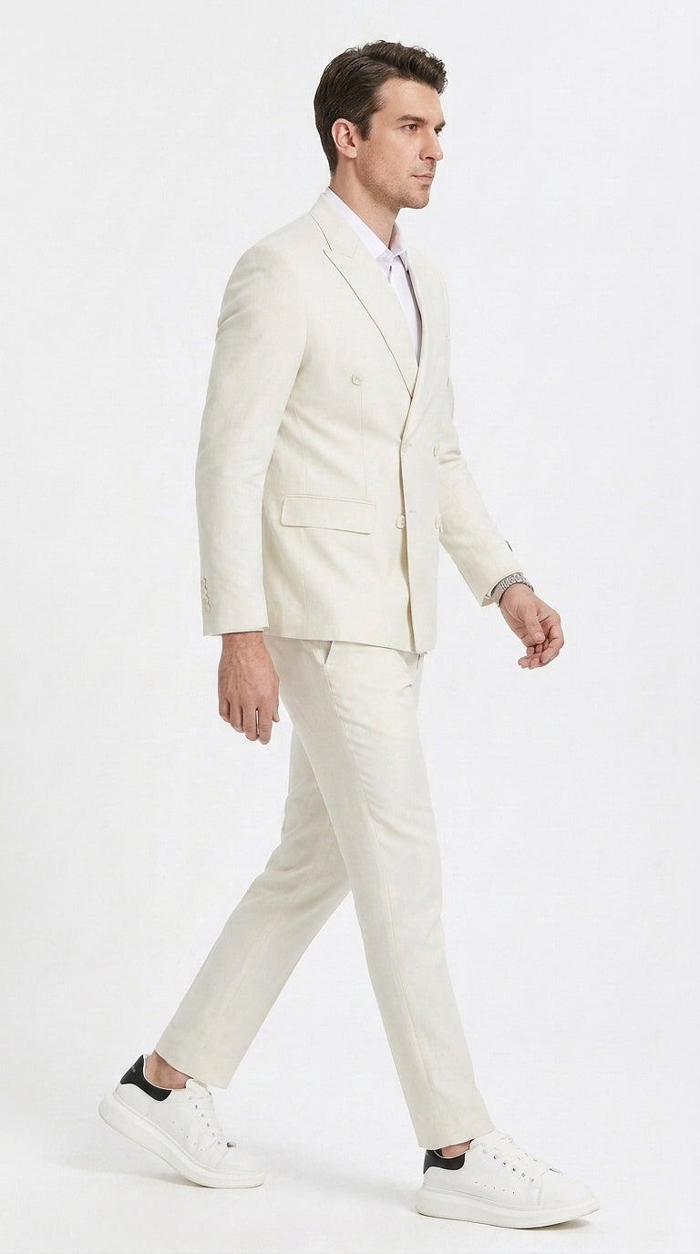 Men’s Ivory Cream Double-Breasted Linen Suit – Off-White Summer Wedding Slim Fitted 2-Piece Suit Cream Color - 34 Short or Extra Small