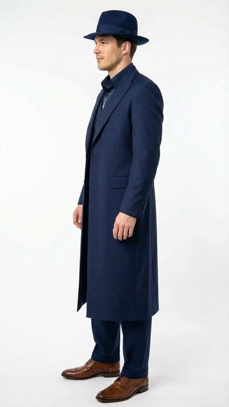 Mens Navy Blue 1920s Zoot Suit Long Mafia Gangster Three-Piece Vintage Costume Set Suit Pachuco Style - 34 Short or Extra Small