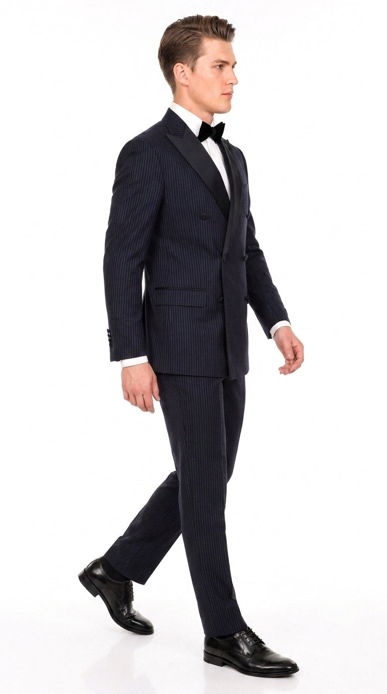 Men’s Navy Blue Double-Breasted Tuxedo – Tone-on-Tone Shadow Pinstripe Formal Wedding and Prom Suit - 34 Short or Extra Small