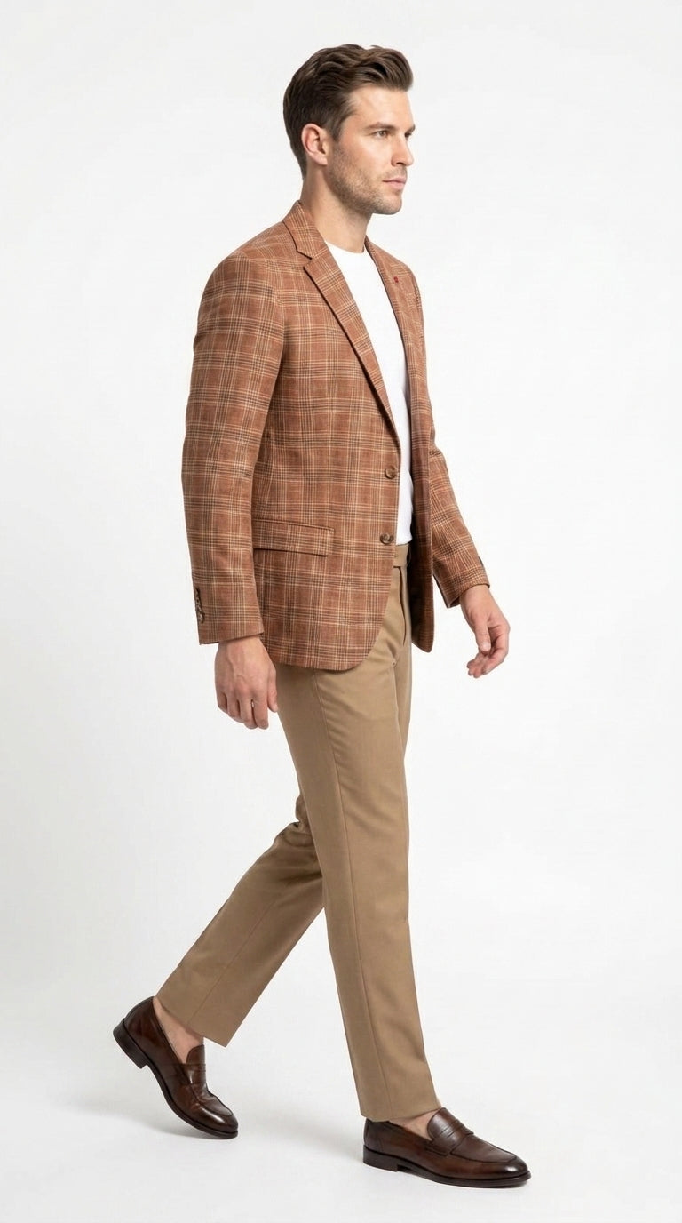 Vitali Men’s Rust Copper Brown Plaid Blazer with Tan Pants – Classic Windowpane, Business and Smart-Casual Birck color  Suit - 36 Short
