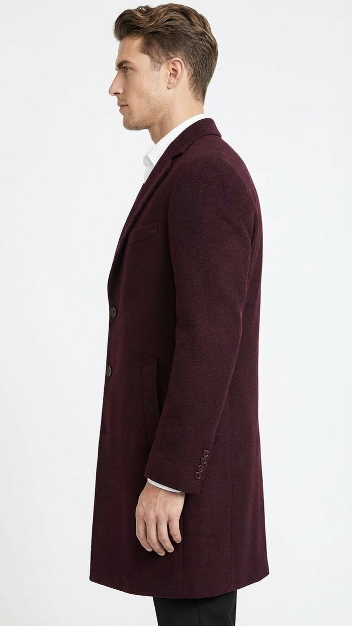 Mens Burgundy Mid-Length Overcoat Classic Fit Wool Blend Dress Coat Three Quarter Carcoat Topcoat