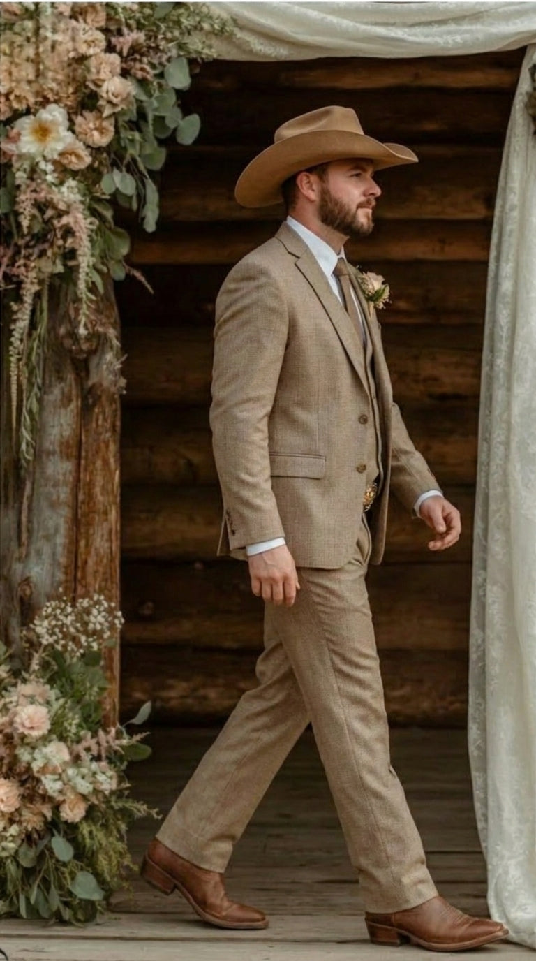 Mens Sharkskin Dark Taupe Tan with sheen Western 3 Piece Suit – Classic Country Style Blazer Vest Pants Set, Formal Cowboy Suit Outfit - 34 Short or Extra Small