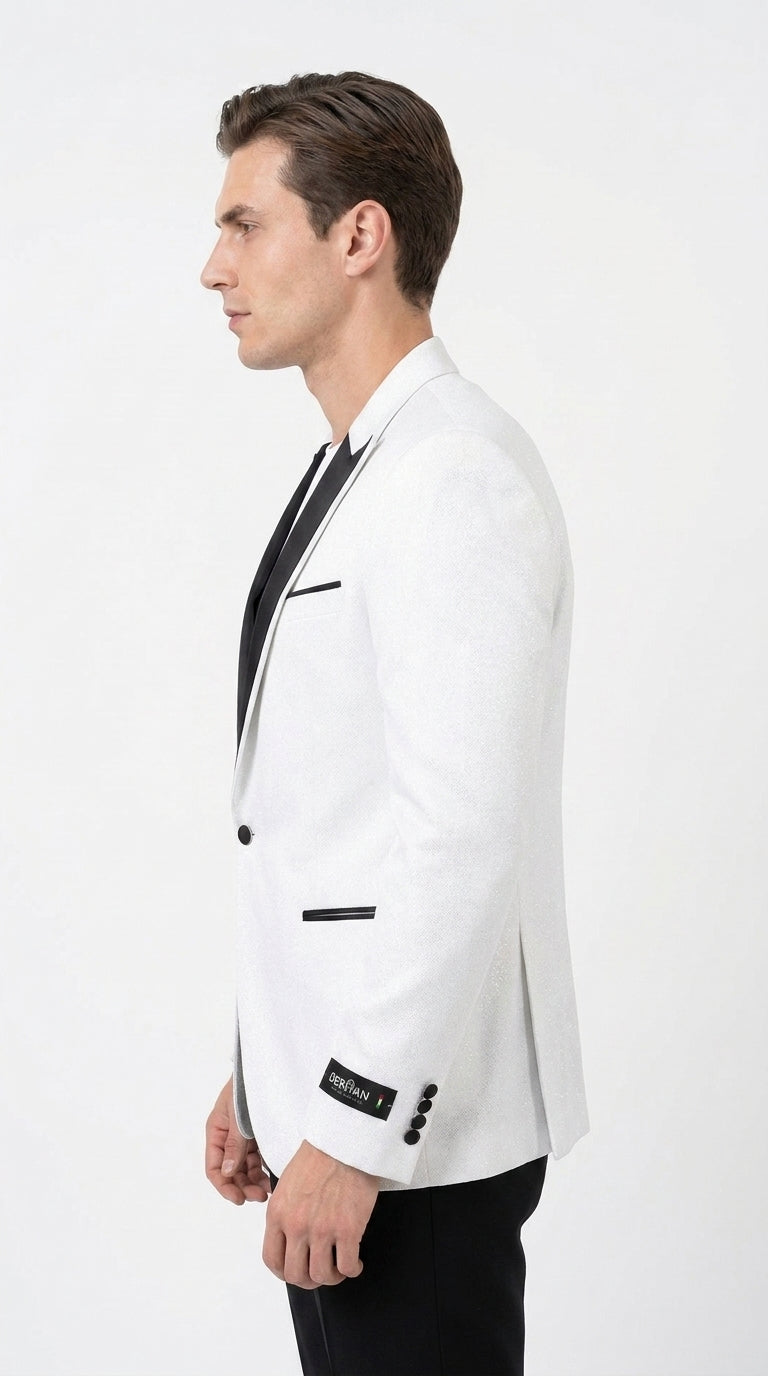 Men's White Sparkle Dinner Jacket – Black Satin Shawl Lapel Tuxedo Blazer   Slim Fit Sequin Shiny Prom Jacket - 34 Short or Extra Small