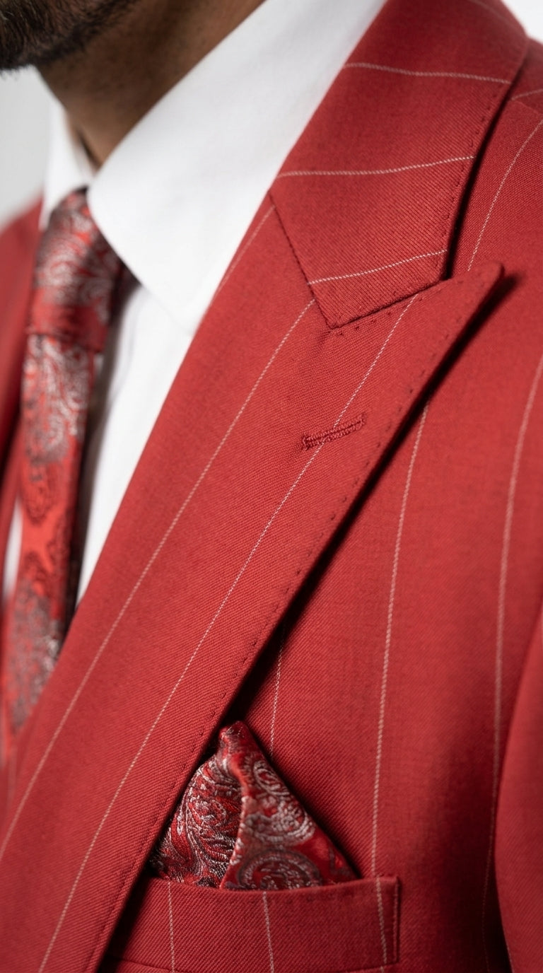 Men’s Red & White Pinstripe 3-Piece Suit by Mazari – Peak Lapel Classic Fit Gangster Suit with Pleated Pants - 34 Short or Extra Small