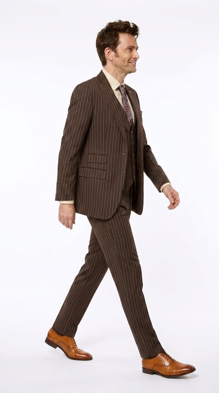 Men’s Doctor Who Inspired Brown Pinstripe 3-Piece Suit – Retro Vintage Wedding, Costume & Formal Suit - 34 Short or Extra Small