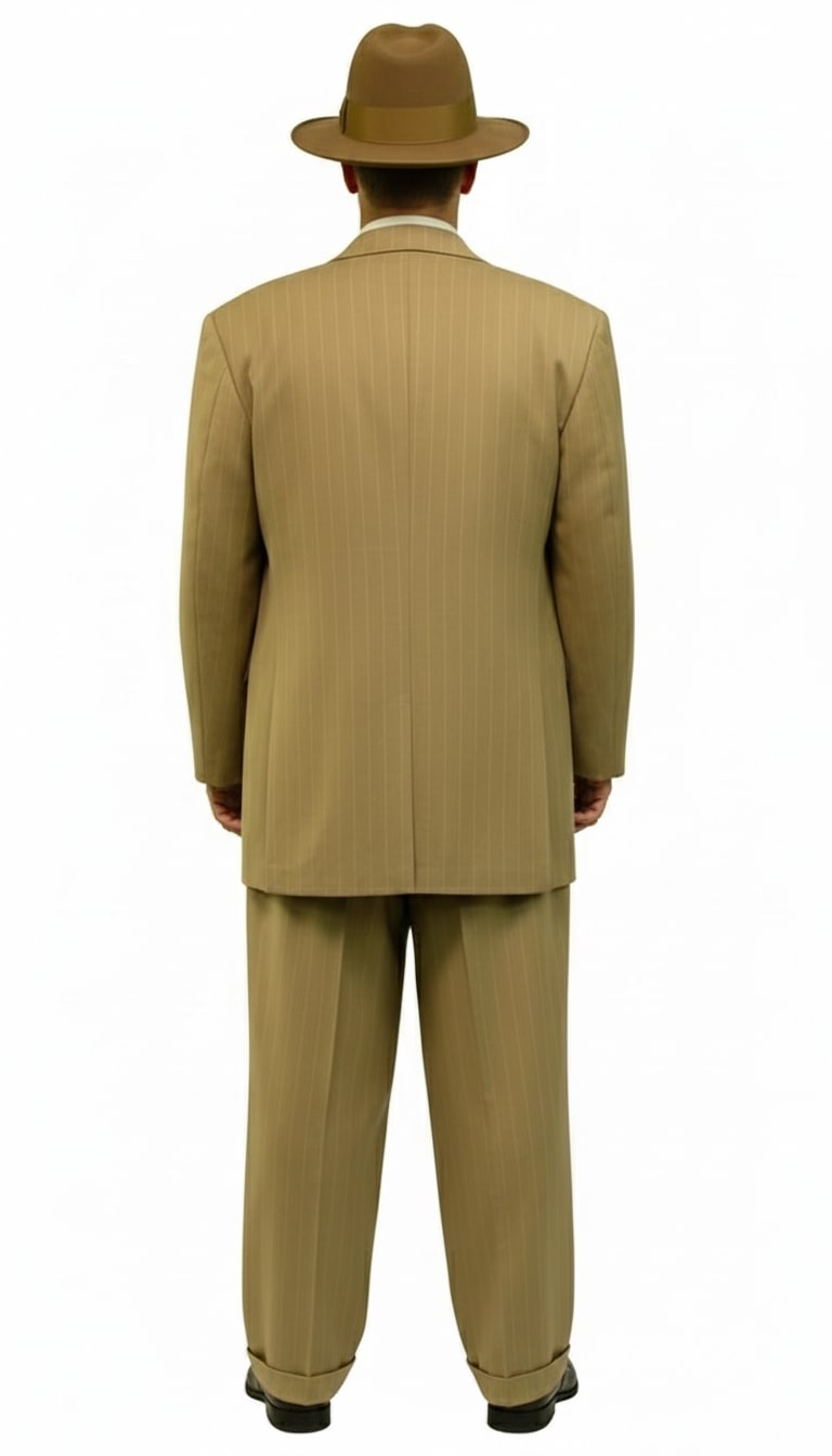 Mens Tan Pinstripe Zoot Suit – 1920s Gangster Vintage 3-Piece Suit with Wide-Leg Pants - 34 Short or Extra Small