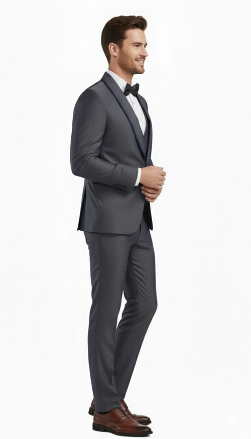 Mens Charcoal Gray with blue Trim Slim Fit 3-Piece Suit Modern Wedding and Business Formal Tuxedo Set