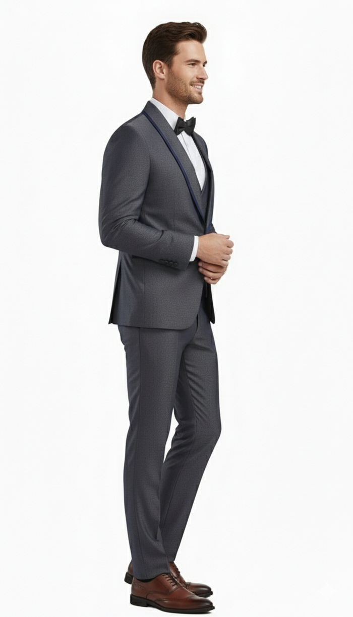 Mens Charcoal Gray with blue Trim Slim Fit 3-Piece Suit Modern Wedding and Business Formal Tuxedo Set