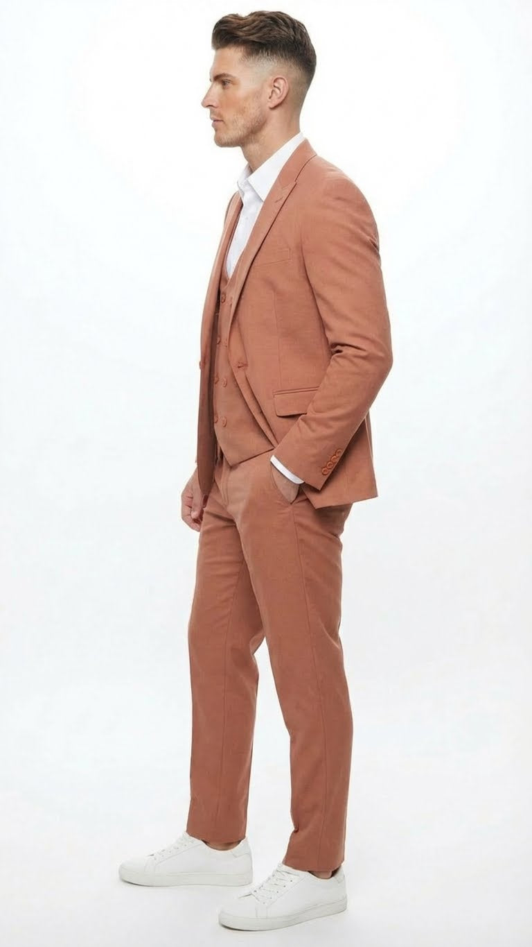 Mens Light Rust - Peach Color - Salmon Color  3 Piece Suit Set with Vest, Classic Formal Wedding Prom Business Dress Suit