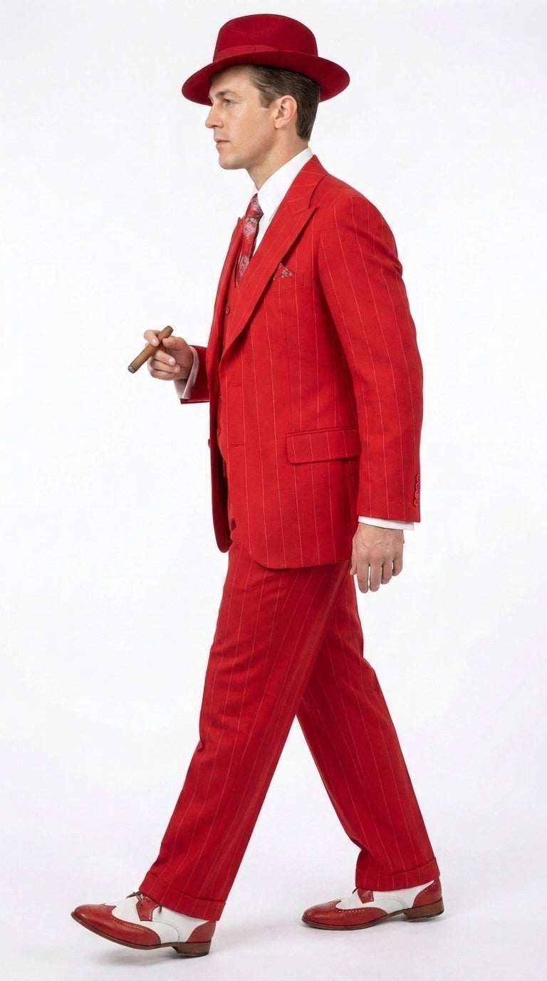 1920s Christmas Holiday Gangster Men’s Red Pinstripe 3-Piece Suit – Peak Lapel Classic Fit Pleated Pants - 34 Short or Extra Small