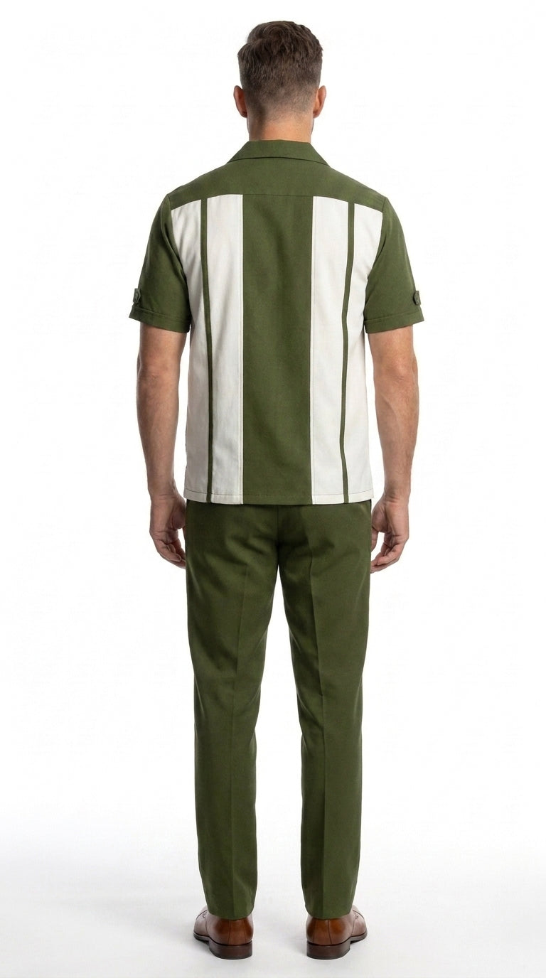 Men’s Olive Green and White Walking Suit – 2-Piece Short Sleeve Casual Leisure Outfit - Small