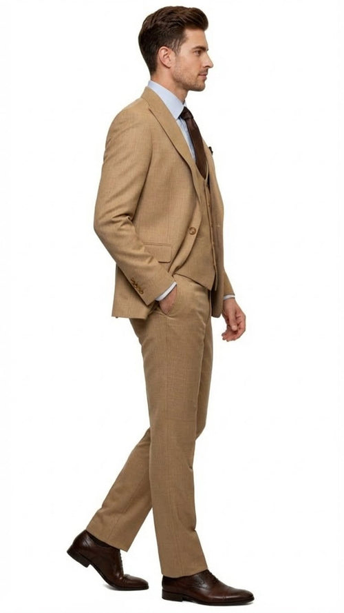 Men's Tan Three-Piece Suit with Vest Classic Tailored Fit  in camel khaki Bronze color By Rossiman