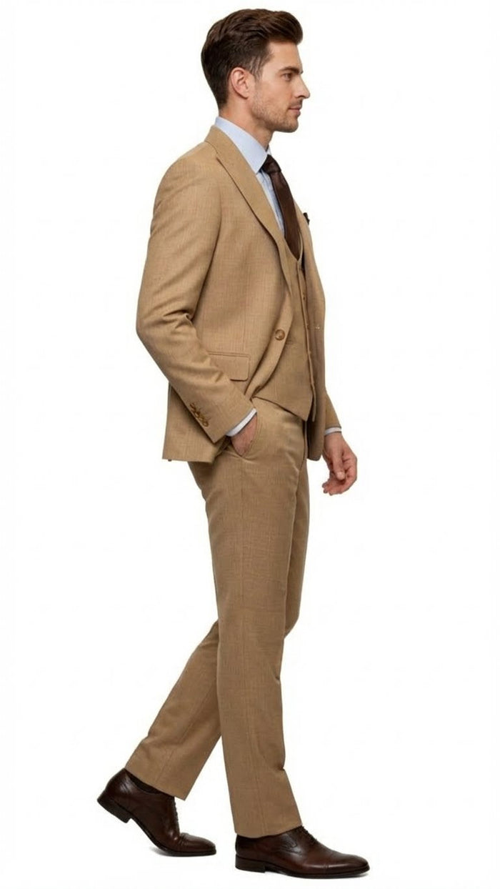 Men's Tan Three-Piece Suit with Vest Classic Tailored Fit  in camel khaki Bronze color By Rossiman