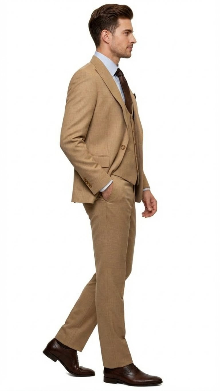 Men's Tan Three-Piece Suit with Vest – Classic Tailored Fit  in camel khaki Bronze color By Rossiman - 34 Short or Extra Small