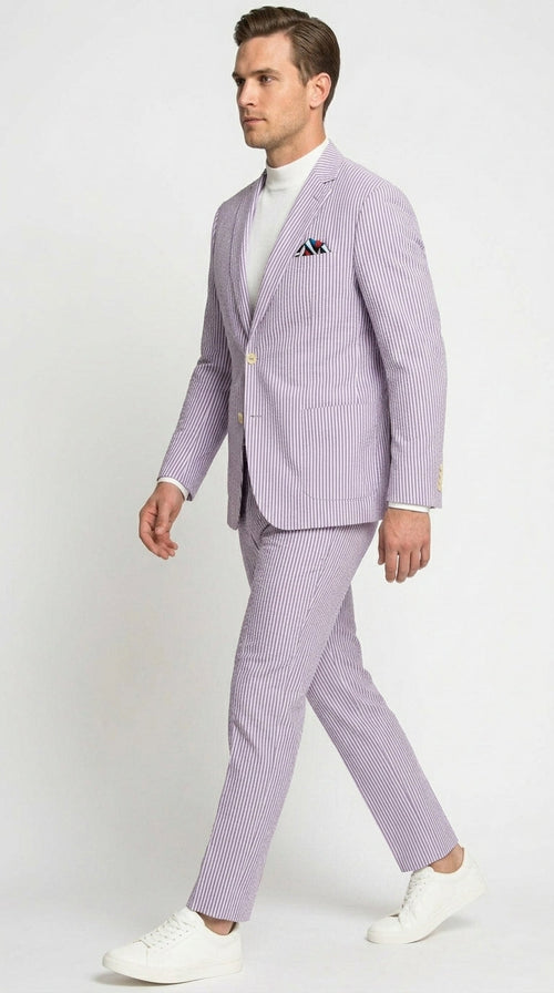 Men’s Lavender Seersucker 2 Piece Suit, Lightweight Summer Blazer and Pants Set for Weddings, Parties, Prom, and summer fabric