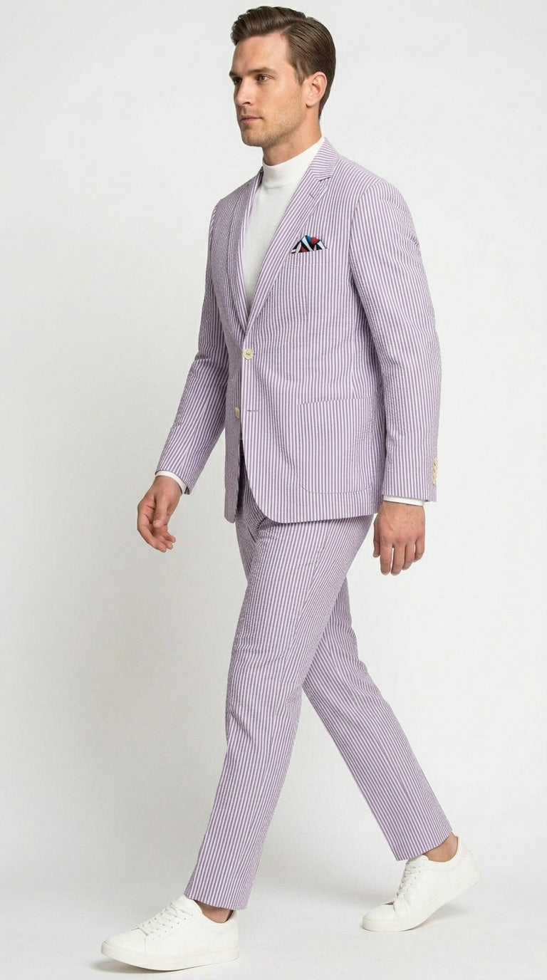 Men’s Lavender Seersucker 2 Piece Suit, Lightweight Summer Blazer and Pants Set for Weddings, Parties, Prom, and summer fabric - 34 Short or Extra Small