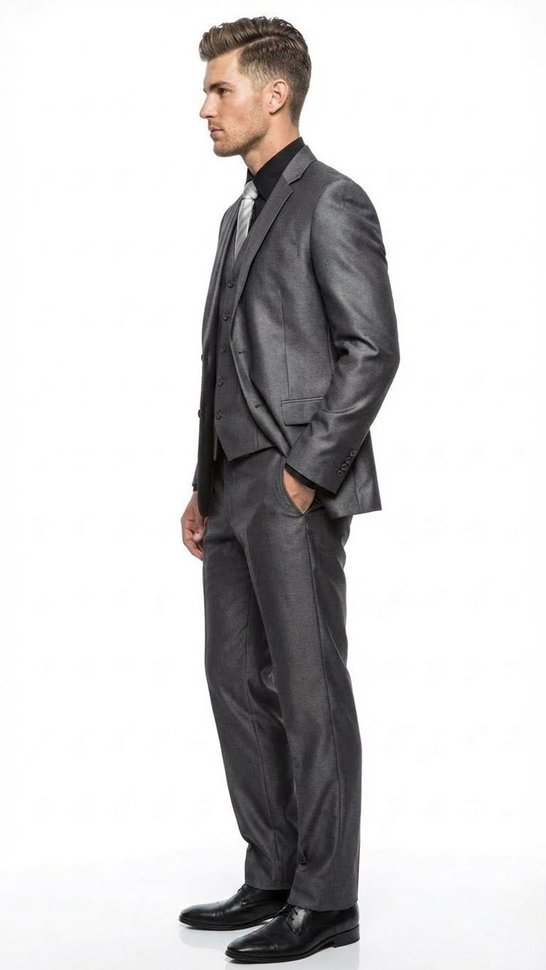 Mens Charcoal Gray Suit With Sheen -  | Shiny Texture Fabric Three Piece Wedding and Party Business - 34 Short or Extra Small