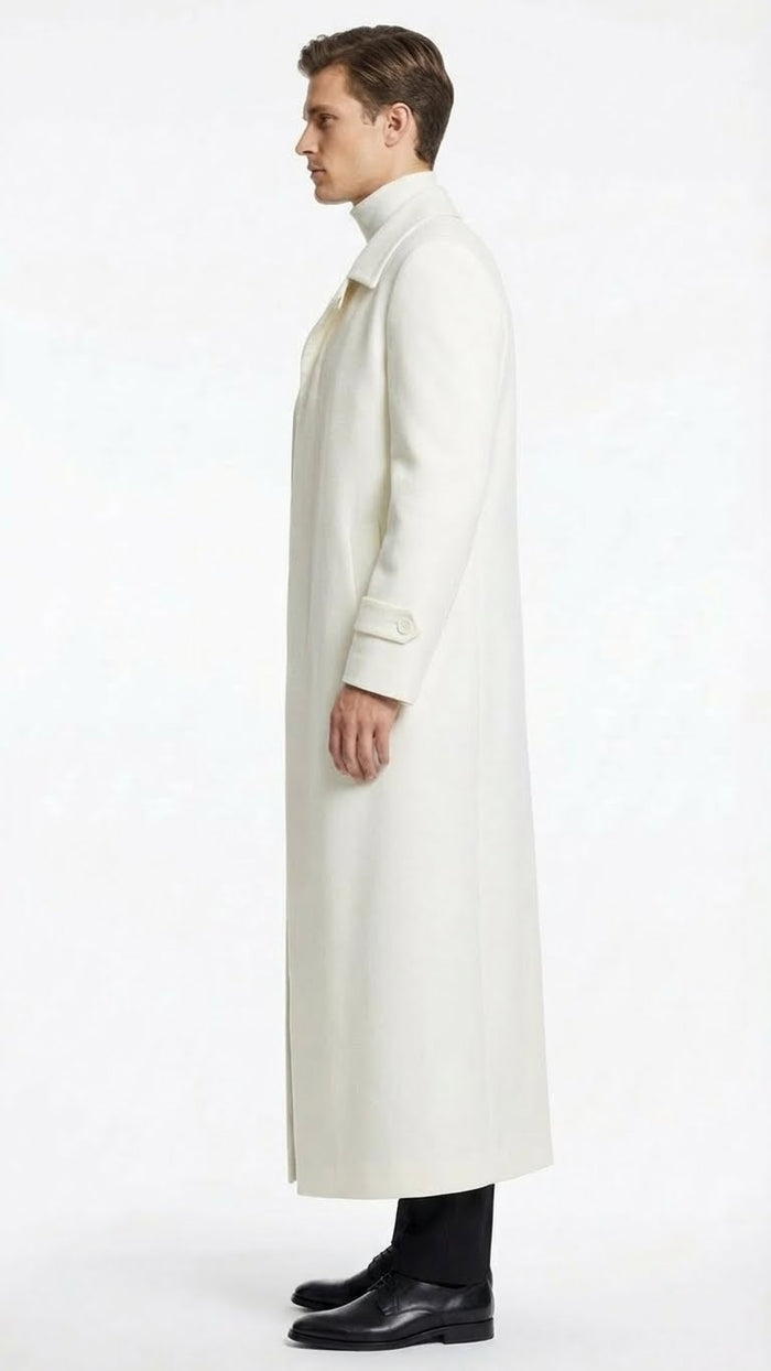 Mens Off-White Long Trench Coat Overcoat with Classic Clean Design Duster Maxi Coat in Ivory Color