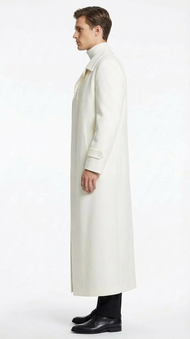 Mens Off-White Long Trench Coat Overcoat with Classic Clean Design Duster Maxi Coat in Ivory Color