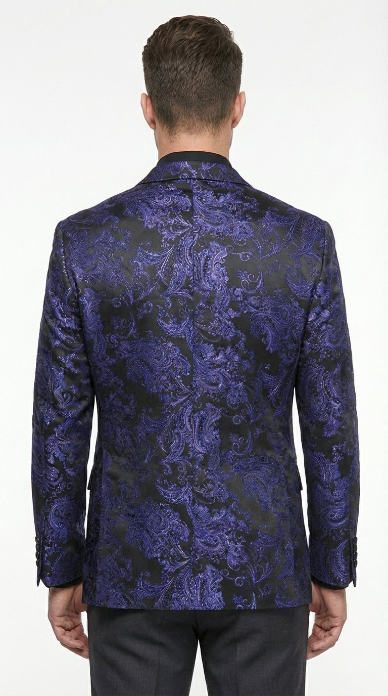 Mens Royal Blue Paisley Jacquard Blazer – Luxury Pattern Tuxedo Dinner Jacket with Black Satin Lapel for Wedding, Prom With Bowtie - 36 Short