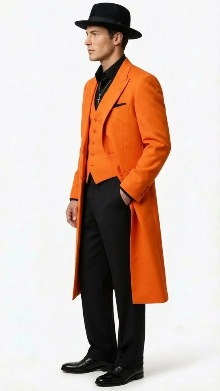 Men’s halloween Costume Orange Long Zoot Suit Set With Black Shirt and Black Pants included - 34 Short or Extra Small