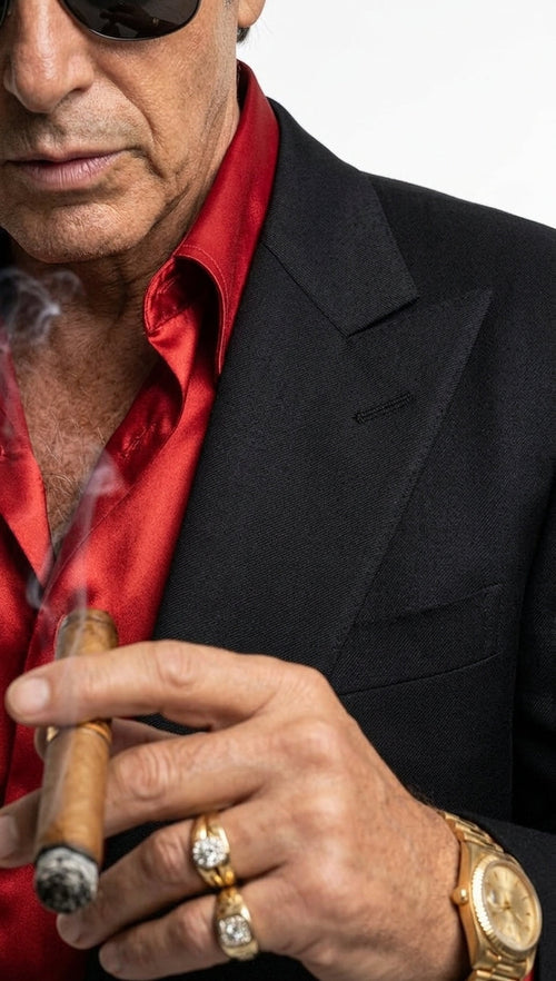 Tony Montana’s Black Blazer with Red Sateen Shirt – Men’s Black Formal Blazer and Red Satin Style Shirt Outfit for Party, Wedding and Vintage Wear