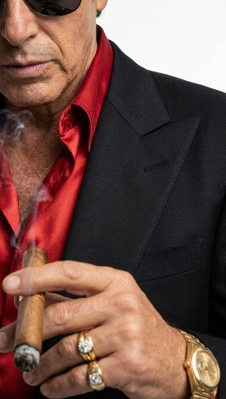 Tony Montana’s Black Blazer with Red Sateen Shirt – Men’s Black Formal Blazer and Red Satin Style Shirt Outfit for Party, Wedding and Vintage Wear - 36 Short