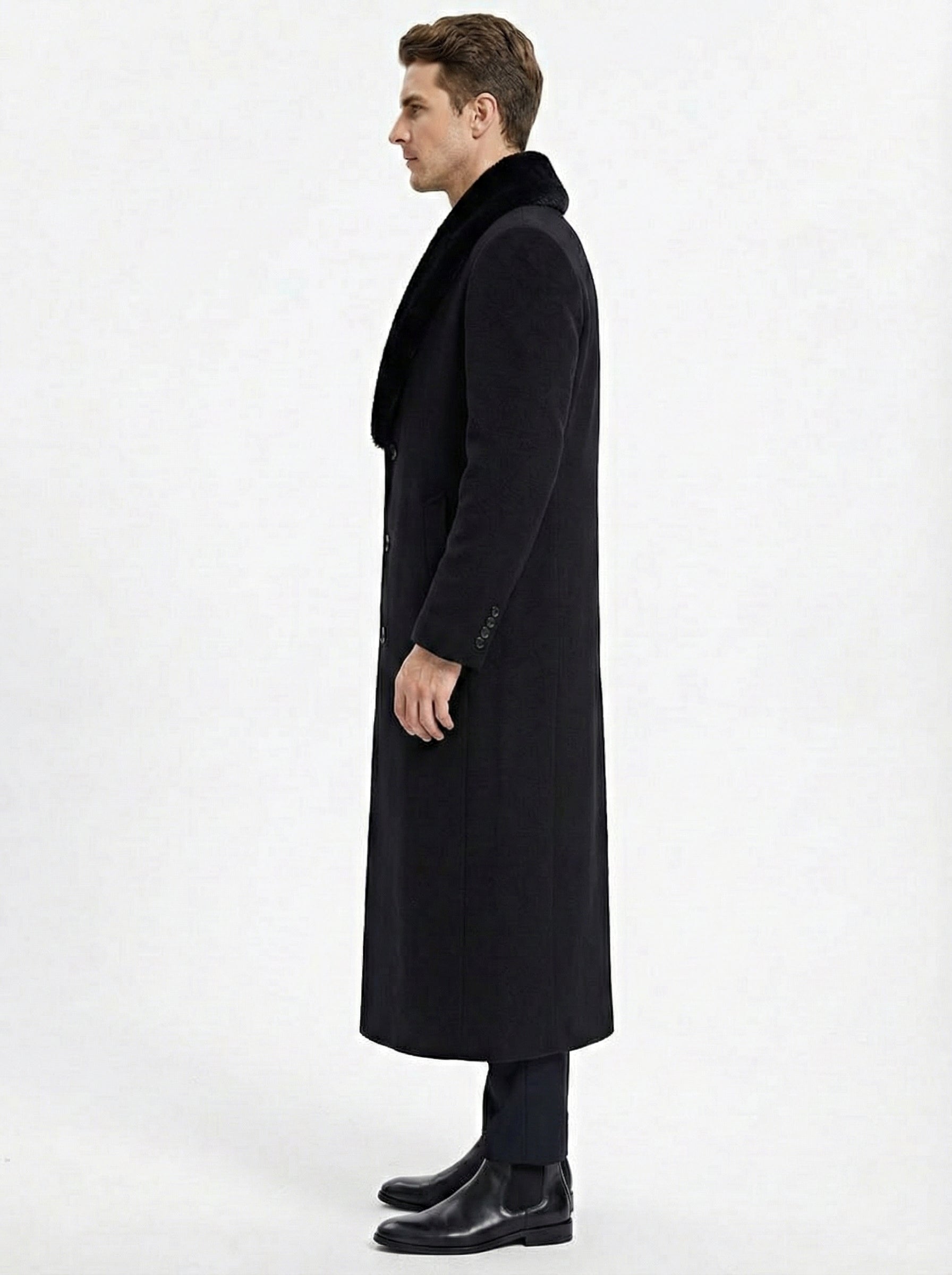 Men’s Black Long Overcoat with Faux Fur Collar, Full Length Winter Topcoat for Formal and Business Wear - Coat Size 38