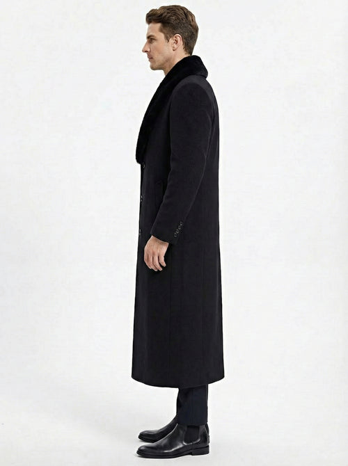 Mens Black Long Overcoat with Faux Fur Collar, Full Length Winter Topcoat for Formal and Business Wear